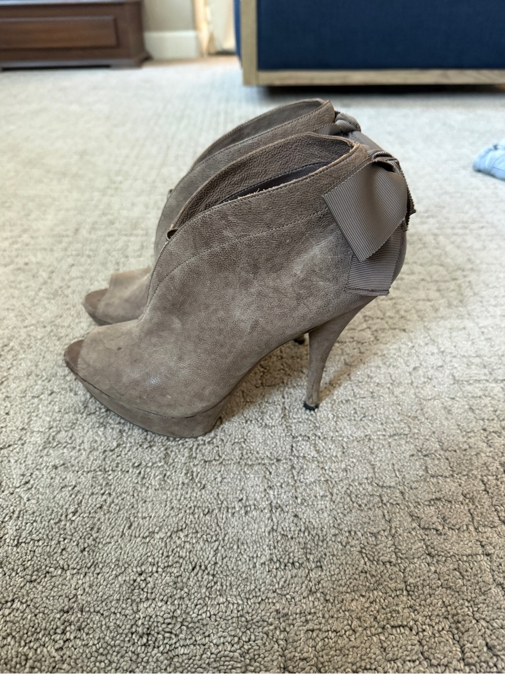 Taupe Suede Peep-Toe High Heel Booties with Bow